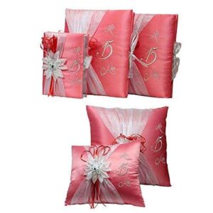 5 Pc Coral and Silver Quinceanera Pillow Set