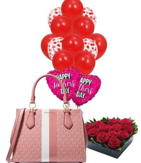 Gift Elegance: A Luxury Satchel for Mother's Day with a Charming Balloon Bouquet and a Heartful of Fresh Roses. – Viva Party