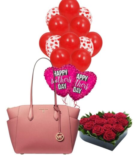 Gift Elegance: A Luxury Satchel for Mother's Day with a Charming Balloon Bouquet and a Heartful of Fresh Roses. – Viva Party