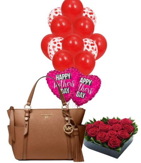 Gift Elegance: A Luxury Satchel for Mother's Day with a Charming Balloon Bouquet and a Heartful of Fresh Roses. – Viva Party