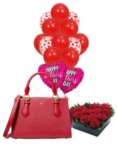 Gift Elegance: A Luxury Satchel for Mother's Day with a Charming Balloon Bouquet and a Heartful of Fresh Roses. – Viva Party