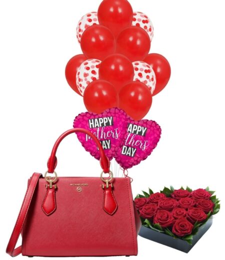 Gift Elegance: A Luxury Satchel for Mother's Day with a Charming Balloon Bouquet and a Heartful of Fresh Roses. – Viva Party