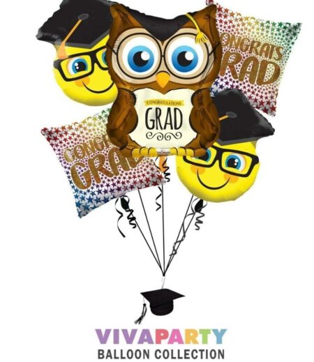 Owl Grad, Smiley with grad cap Graduation Balloon Bouquet S2 (5 Balloons) – Viva Party