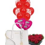 Gift Elegance: A Luxury Satchel for Mother's Day with a Charming Balloon Bouquet and a Heartful of Fresh Roses. – Viva Party