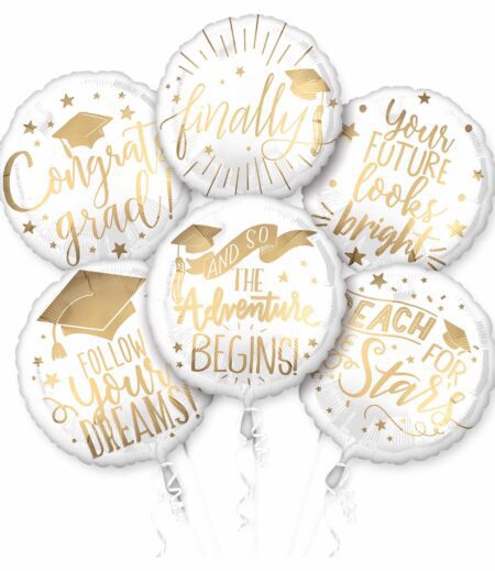 Classy Grad Message Bouquet Graduation Decor 6pc Balloon Pack, White Gold – Viva Party