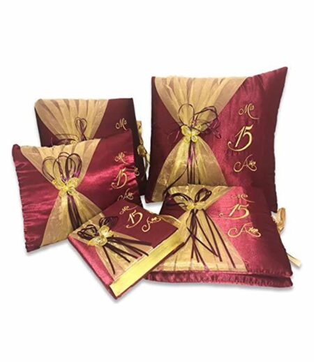 5 pc Burgundy and Gold Quinceanera Pillow Set - Elegant Mis 15 Anos Celebration Essentials – Viva Party
