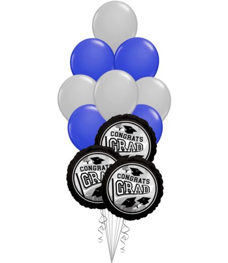 Grad School Colors Dark Blue and Silver Balloon Bouquet 15 Pack – Viva Party