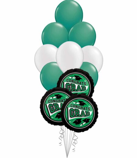Grad School Colors Green and White Balloon Bouquet 15 Pack – Viva Party