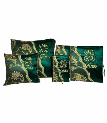 5 Pc Emerald Green and Gold Quinceanera Pillow Set - Elegant Mis 15 Anos Celebration Essentials – Viva Party