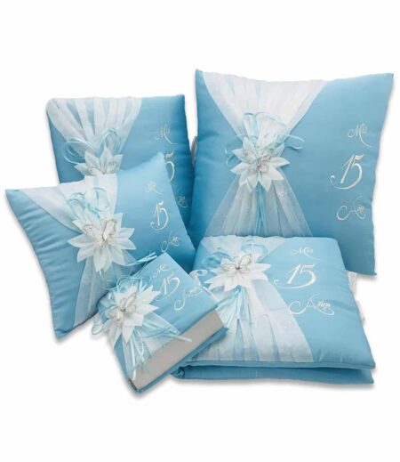 5 Pc Aqua and Silver Quinceanera Pillow Set