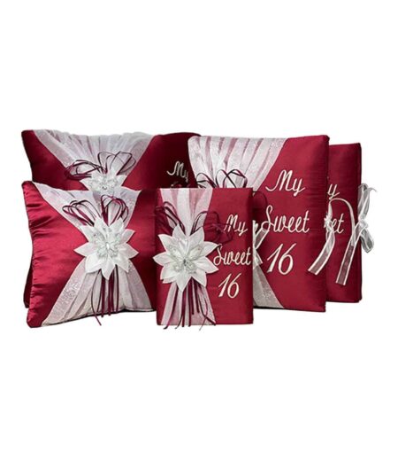 5 Pc Burgundy and Silver Quinceanera Pillow Set - Elegant Sweet 16 Celebration Essentials – Viva Party