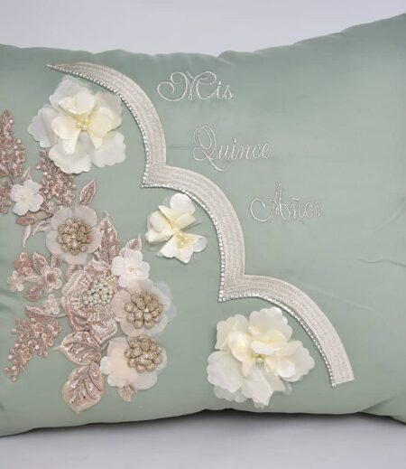 5 pc Olivegreen and Silver White Rose Quinceanera Pillow Set