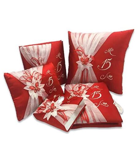 5 pc Red and Silver Quinceanera Pillow Set - Elegant Mis 15 Anos Celebration Essentials – Viva Party