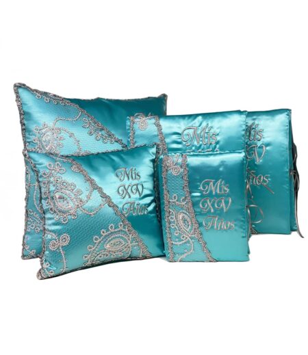 5 Pc Teal Green and Silver Quinceanera Pillow Set - Elegant Mis 15 Anos Celebration Essentials – Viva Party