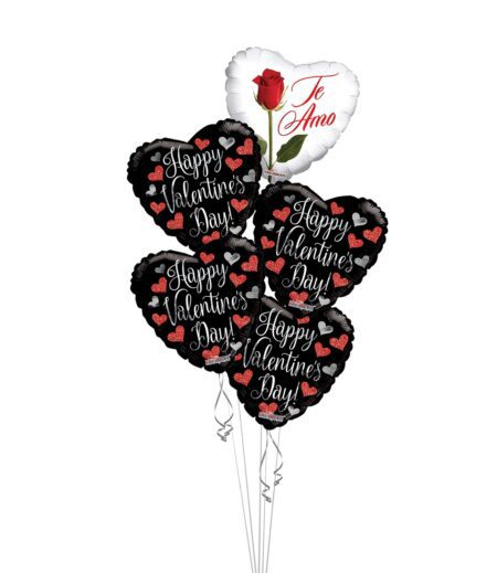 Happy Valentines Day Balloon Bouquet, Black and Red Hearts, Te Amo, Love Balloons (5 Balloons) – Viva Party