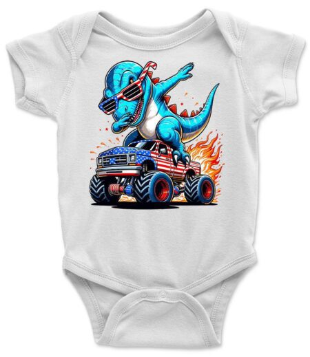 Blue Dabbing T-Rex on American Monster Truck T-Shirt ? Fun Graphic Tee, Unisex, Perfect Gift for Kids and Adults, Vibrant Design, Casual Wear