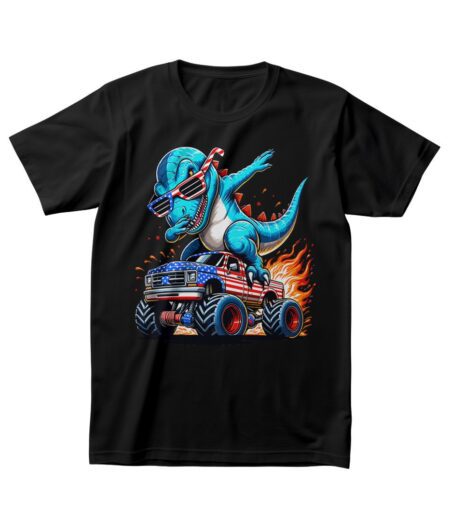 Blue Dabbing T-Rex on American Monster Truck T-Shirt ? Fun Graphic Tee, Unisex, Perfect Gift for Kids and Adults, Vibrant Design, Casual Wear – Viva Party
