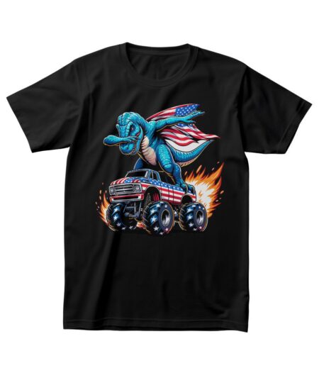 Blue Dabbing T-Rex on Fire Monster Truck T-Shirt ? Bold Graphic Tee, Unisex, Perfect Gift for Kids and Adults, Vibrant Design, Fun and Trendy, Casual Wear – Viva Party