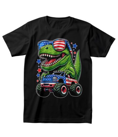 Epic Big Green T-Rex Roaring on American Monster Truck T-Shirt ? Dynamic Graphic Tee, Unisex, Perfect Gift for All Ages, Standout Design, Casual Fun – Viva Party