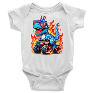 Fiery Blue T-Rex Thrashing on Monster Truck T-Shirt ? Vibrant Graphic Tee, Unisex, Ultimate Gift for Kids and Adults, Bold Design, Casual Excitement