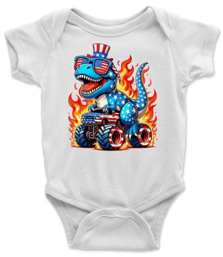 Fiery Blue T-Rex Thrashing on Monster Truck T-Shirt ? Vibrant Graphic Tee, Unisex, Ultimate Gift for Kids and Adults, Bold Design, Casual Excitement