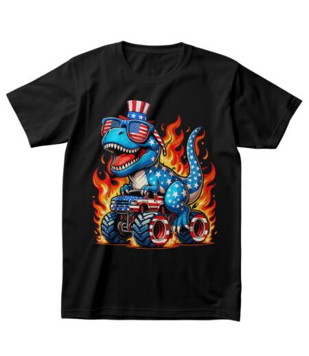 Fiery Blue T-Rex Thrashing on Monster Truck T-Shirt ? Vibrant Graphic Tee, Unisex, Ultimate Gift for Kids and Adults, Bold Design, Casual Excitement – Viva Party