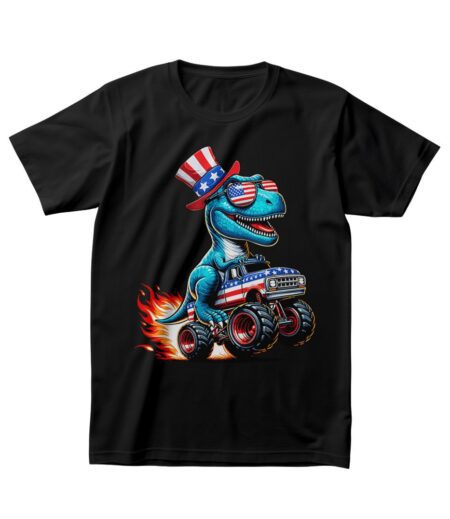 Blue T-Rex Riding Roaring Monster Truck T-Shirt ? Dynamic Graphic Tee, Unisex, Great Gift for All Ages, Eye-Catching Design, Casual Wear – Viva Party