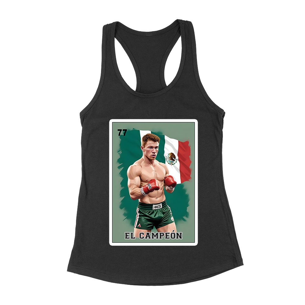 Canl-03_Nlwtt-Black.jpg Canelo Alvarez Card T-Shirt - Bold Retro Cartoon With Mexican Flag Colors Women'S Racerback Tank Top – Viva Party