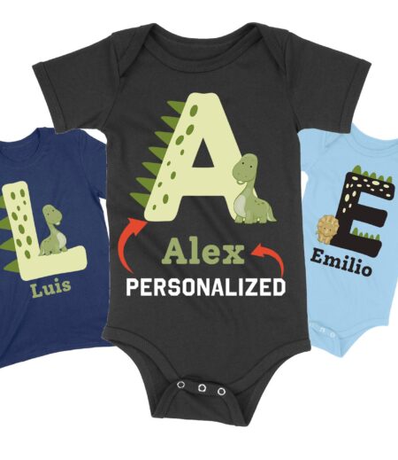 Personalized Name Infant Dino Alphabet Tee - Custom Initial T-Shirt with Adorable Dinosaur Design – Viva Party