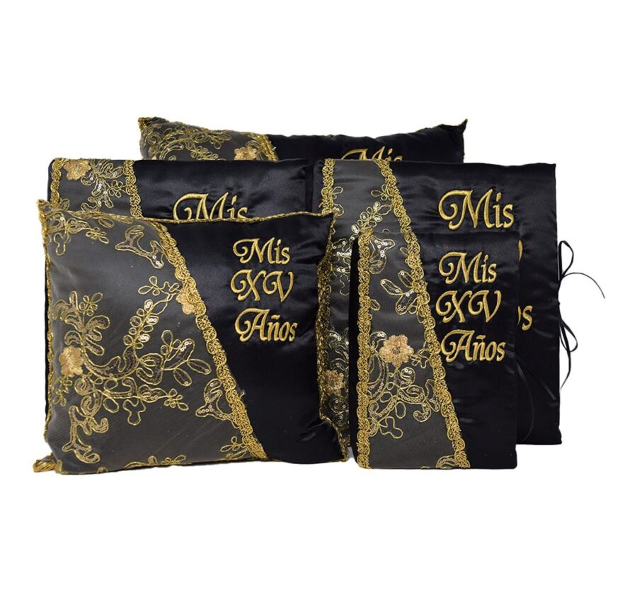 Black and Gold Mis XV Quinceanera Pillow Set