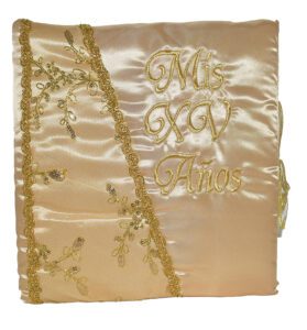 Gold and Gold 5 Piece Quinceanera Set Mis Quince Set with Kneeling Pillow, Tiara Pillow, Guestbook, Photo Album, Spanish Bible, My Sweet 15 Decorations