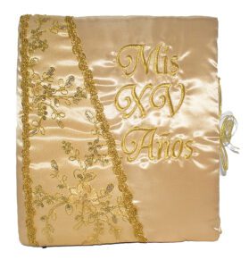 Gold and Gold 5 Piece Quinceanera Set Mis Quince Set with Kneeling Pillow, Tiara Pillow, Guestbook, Photo Album, Spanish Bible, My Sweet 15 Decorations