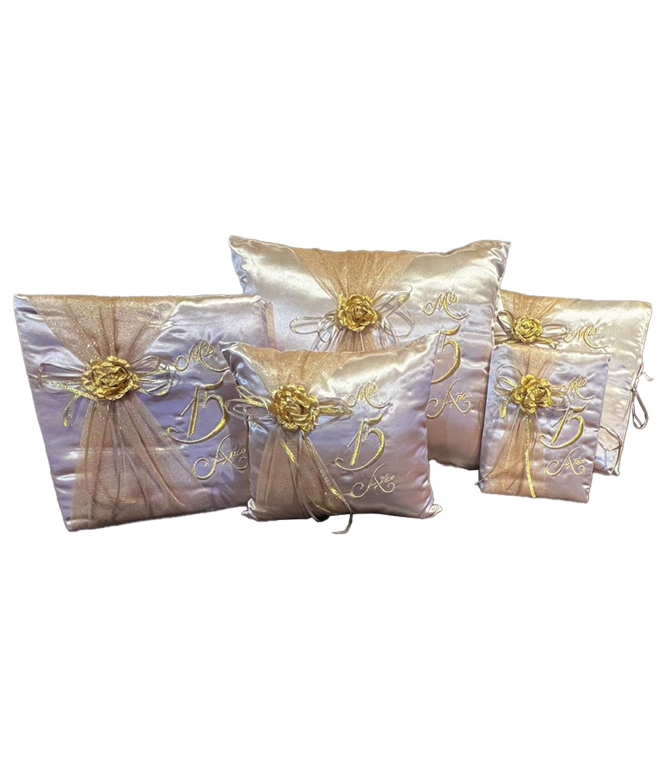Qs-49-01 Gold And Gold 5 Piece Quinceanera Set Mis Quince Set With Kneeling Pillow, Tiara Pillow, Guestbook, Photo Album, Spanish Bible, My Sweet 15 Decorations (Copy) – Viva Party