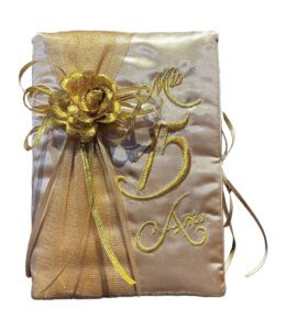 Gold and Gold 5 Piece Quinceanera Set Mis Quince Set with Kneeling Pillow, Tiara Pillow, Guestbook, Photo Album, Spanish Bible, My Sweet 15 Decorations