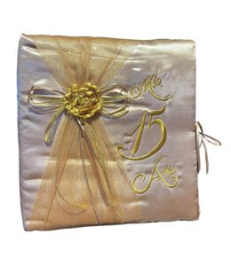 Gold and Gold 5 Piece Quinceanera Set Mis Quince Set with Kneeling Pillow, Tiara Pillow, Guestbook, Photo Album, Spanish Bible, My Sweet 15 Decorations