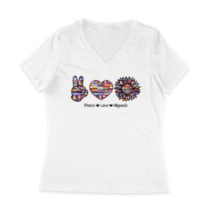 Empowering Hispanic Heritage Month T-Shirt: Peace Love Hispanic Design Women Jersey V-Neck