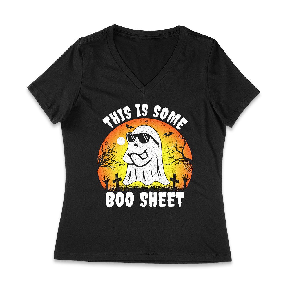 Hw-30_Wvn-Black.jpg This Is Some Boo Sheet - Ghost With Sunglasses Halloween Tee Women Jersey V-Neck – Viva Party