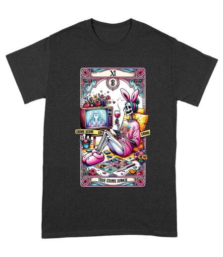 True Crime Junkie Skeleton T-Shirt - Crime Scene TV Fan Art with Halloween Style - Retro Horror Graphic Tee for Mystery Lovers Unisex Adult – Viva Party