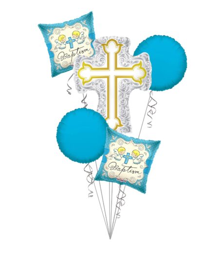Baby Boy Christening, Baptism Silver & Gold Cross Balloon Bouquet, Baptism Balloon Bouquet (5 Balloons) – Viva Party