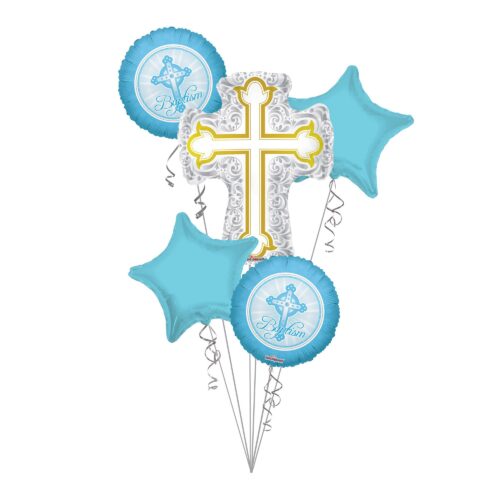 Baptism Balloon Bouquet, Baptism Silver & Gold Cross Balloon Bouquet, Baby Boy Christening (5 Balloons) – Viva Party