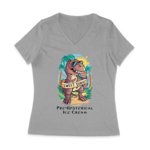 Sweet Dino Pre-Hysterical Ice Cream T-Shirt ? Fun Dinosaur Summer Vibes Women Jersey V-Neck