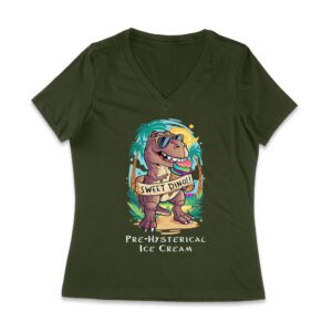 Sweet Dino Pre-Hysterical Ice Cream T-Shirt ? Fun Dinosaur Summer Vibes Women Jersey V-Neck