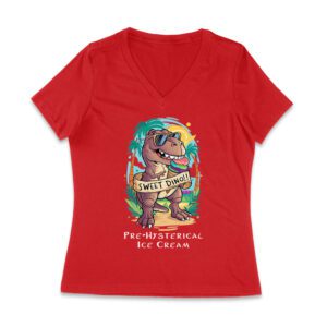 Sweet Dino Pre-Hysterical Ice Cream T-Shirt ? Fun Dinosaur Summer Vibes Women Jersey V-Neck
