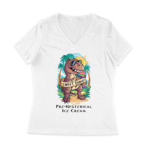 Sweet Dino Pre-Hysterical Ice Cream T-Shirt ? Fun Dinosaur Summer Vibes Women Jersey V-Neck