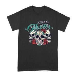 Dia de Los Muertos T-Shirt ? Three Sugar Skulls with Red Roses Day of the Dead Design Unisex Adult – Viva Party