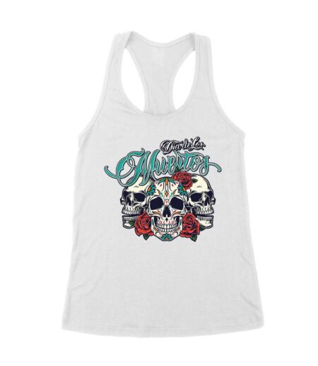 Dia de Los Muertos T-Shirt ? Three Sugar Skulls with Red Roses Day of the Dead Design Women's Racerback Tank Top