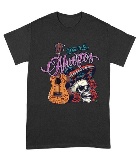 Dia de Los Muertos T-Shirt ? Sugar Skull with Mexican Hat, Red Roses, and Guitar Day of the Dead Design Unisex Adult – Viva Party