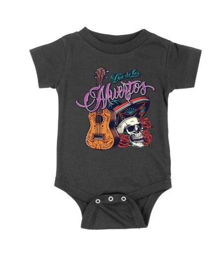 Dia de Los Muertos T-Shirt ? Sugar Skull with Mexican Hat, Red Roses, and Guitar Day of the Dead Design Unisex Baby Jersey – Viva Party