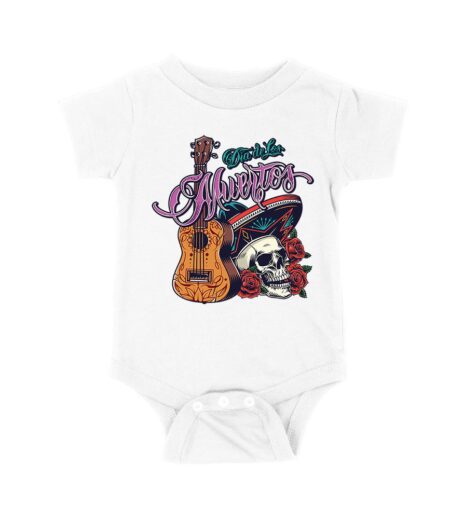 Dia de Los Muertos T-Shirt ? Sugar Skull with Mexican Hat, Red Roses, and Guitar Day of the Dead Design Unisex Baby Jersey