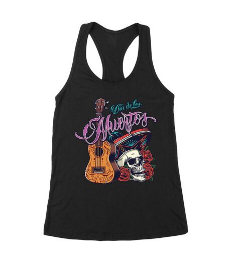 Dia de Los Muertos T-Shirt ? Sugar Skull with Mexican Hat, Red Roses, and Guitar Day of the Dead Design Women's Racerback Tank Top – Viva Party